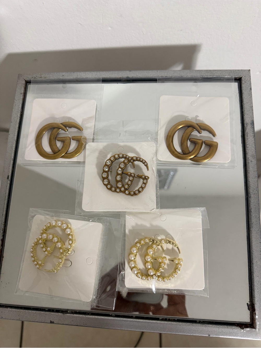 Prada Gold-Tone Double G Brooches with Pearl Accents